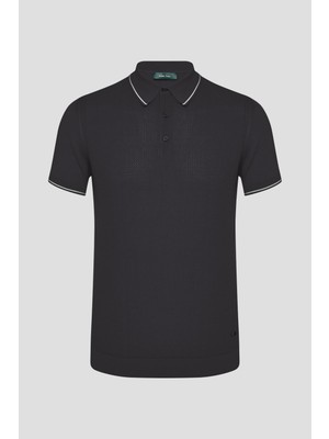 Sabri Özel Antrasit Slim Fit %100 Pamuklu Desenli Triko Polo Yaka Tişört