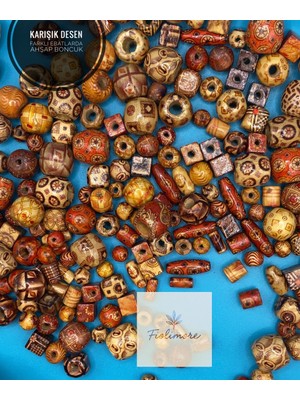 FioliMore Ahşap Boncuk (50 Gram 70-80 Adet) Farklı Desen-Farklı Ölçü-Karışık-Tahta-Aksesuar-Renkli-Çeşit