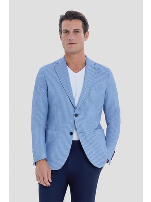 Pamuk Karışımlı Mono Yaka Çizgili Blazer Erkek Ceket Mavi