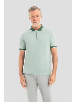Sabri Özel Açık Yeşil %100 Pamuk Regular Fit Gizli Fermuarlı Polo Yaka T-shirt