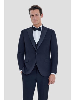 Sabri Özel Erkek Siyah Dar Kesim Slim Fit Viskon Şal Yaka Fleto Kapaklı Cep Çift Yırtmaçlı 6 Drop Smokin Takım Elbise
