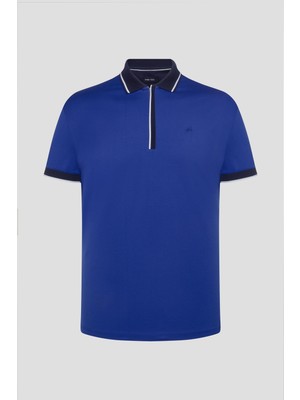 Fermuarlı Polo Yaka  Erkek T-Shirt Mavi