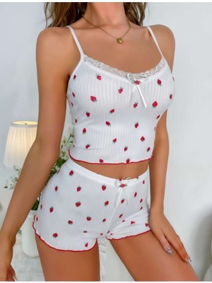 Kadın  Bluz  Şortlu Takım  Crop  Modeli Beyaz