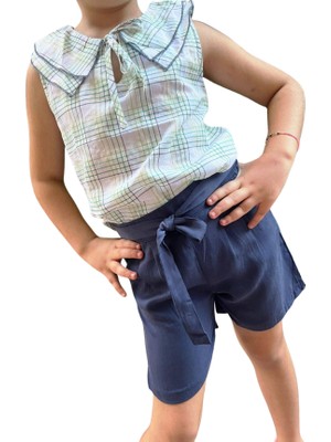 Çikoby Kız Çocuk İkili Takım | Kareli Kolsuz Gömlek ve İndigo Şort - Yazlık Rahat Kombin