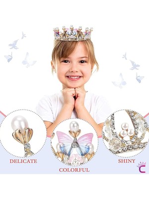 Kelebekli Incili Zirkon Taşlı Kız Çocuk Prenses Tacı Gold- Tiara Doğum Günü Parti Taç Saç Bandı Toka