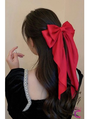 Büyük Kırmızı Saten Otomatik Fiyonk Toka 35CM - Uzun Fiyonklu Kurdeleli Klipsli Fularlı Saç Tokası