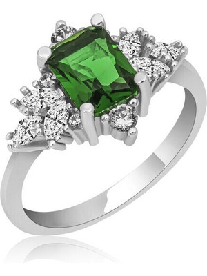 Yeşil Taşlı Baget 925 Ayar Gümüş Kadın Yüzük