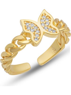 Kelebek Ayarlanabilen Gold 925 Ayar Gümüş  Kadın Yüzük