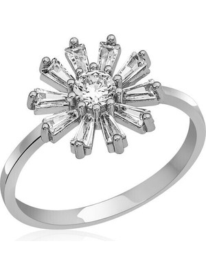 Trapez Taşlı  Çiçek Zirkon Taşlı 925 Ayar Gümüş Kadın Yüzük