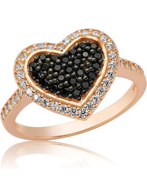 Rose Kalp Siyah Taşlı 925 Ayar Gümüş Kadın Yüzük