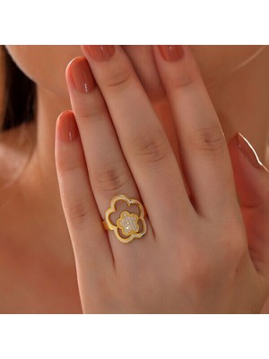 Ççiçekli Gold 925 Ayar Gümüş Kadın Yüzük