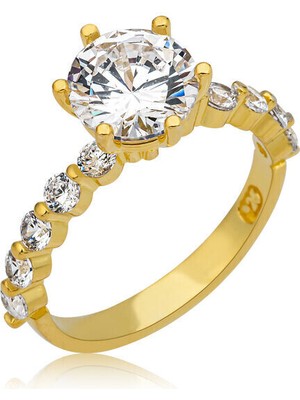Gold Tek Taş 925 Ayar Gümüş Kadın Yüzük
