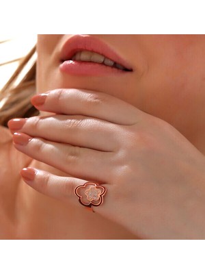 Rose Taşlı Çiçek 925 Ayar Gümüş Kadın Yüzük