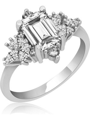 Tek Taş  Baget 925 Ayar Gümüş Kadın Yüzük