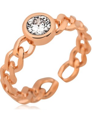 Tek Taş Rose Zincir Desenli  925 Ayar Gümüş Kadın Yüzük