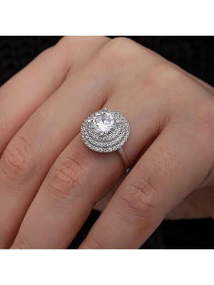 Üç Sıra Anturaj Zirko Taşlı 925 Ayar Gümüş  Kadın Yüzük