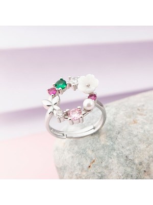 Renkli Manolya Çiçegi Ayarlanabilen 925 Ayar Gümüş  Kadın Yüzük