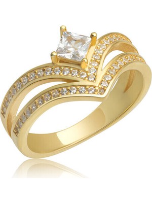 Gold Tek Taş 925 Ayar Gümüş Kadın Yüzük
