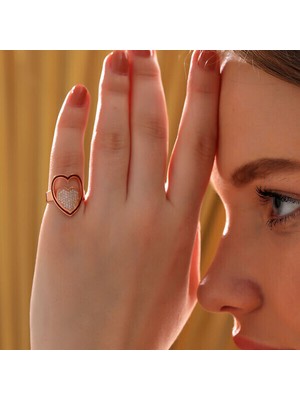 Rose Taşlı Kalpli 925 Ayar Gümüş Kadın Yüzük