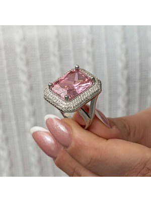 Pembe Zirkon Taşlı 925 Ayar Gümüş Kadın Yüzük