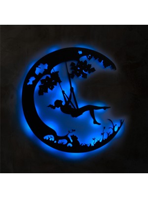 LED Işıklı Ayda Salıncaktaki Kız Dekoratif Tablo Balkon Duvar Dekorlu Gece Lambası