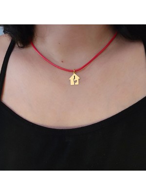 14 Ayar Plakalı Altın J Harfine Özel Kırmızı Bağlıklı Ev Figürlü Hediyelik KOLYE-628HARF