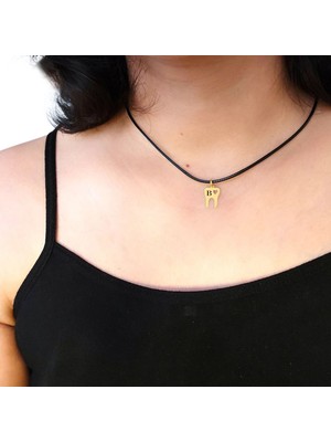 14 Ayar Plakalı Altın B Harfine Özel Diş ve Kalp Figürlü Siyah Bağlıklı Hediyelik KOLYE-629HARF