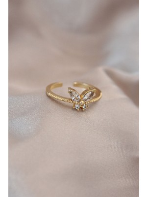 Ayarlamalı Altın Renk Metal Zirkon Taş ve Kristal Taşlı Kelebek Model Yüzük