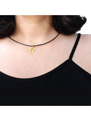 14 Ayar Plakalı Altın J Harfine Özel Siyah Bağlıklı Ev Motifli Hediyelik KOLYE-631HARF