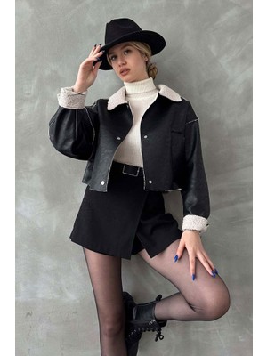 Siyah Nubuk Yakası Kürklü Crop Mont