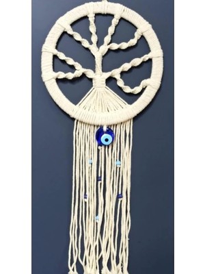 Nazar Boncuklu Ekru Renk Makrome Hayat Ağacı Duvar Süsü