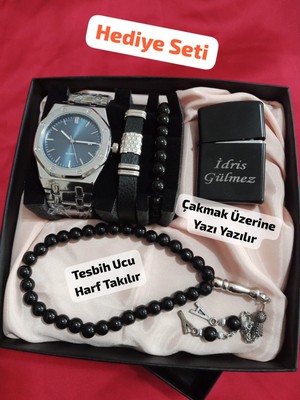 Hediyelik Özel Kutulu Erkek Kombin Saat Seti Çakmak Tesbih Bileklikler Hediye Seti - 6051