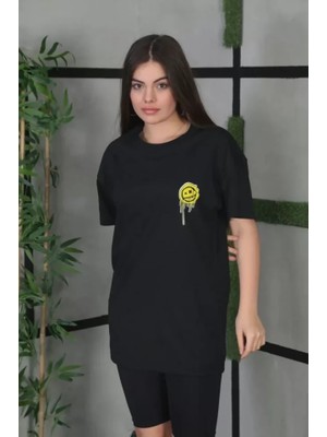Runiquehome Unisex Bisiklet Yaka Baskılı Oversize T-Shirt - Siyah