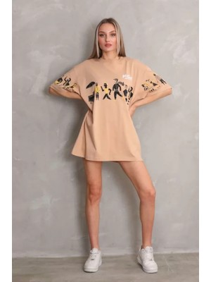 Runiquehome Unisex Bisiklet Yaka Baskılı Oversize T-Shirt - Bej
