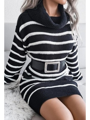 Runiquehome Kadın Uzun Kollu Degaje Yaka Çizgili Sonya Iplik Mini Boy Triko Elbise (Kemersiz)