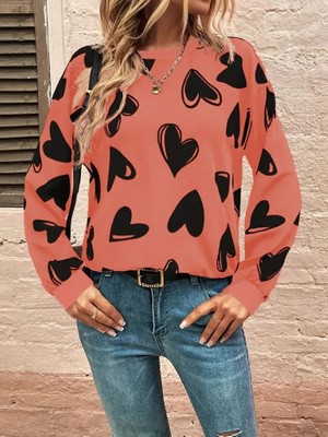 Runiquehome Kadın Uzun Kollu Bisiklet Yaka Kalp Desenli Iki Iplik Bluz