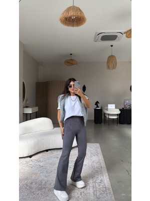 Runiquehome Kadın Yüksek Bel Süet Kumaş Ispanyol Paça Detay Pantolon