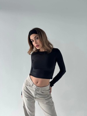 Runiquehome Sırt Dekoltelı Uzun Kollu Crop - Siyah