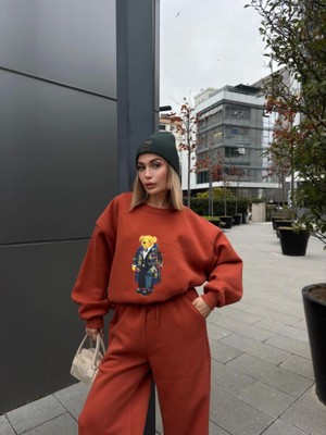 Runiquehome Bisiklet Yaka Üç Iplik Sweat Takım - Kiremit