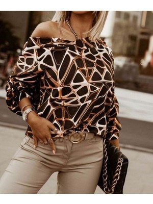 Runiquehome Kadın Uzun Kollu V Yaka Düşük Omuz Geometrik Desen Şardonlu Dalgıç Bluz