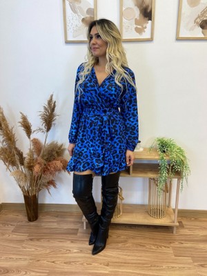 Runiquehome Kadın Uzun Kollu Kruvaze Yaka Belden Kuşaklı Leopar Desenli Dalgıç Elbise