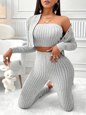 Runiquehome Kadın Uzun Kollu Straplez Şardonlu Kaşkorse Bluz Önü Düğmeli Ceket ve Tayt Pantolonlu Üçlü Takım