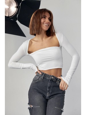 Runiquehome Kara Yaka Uzun Kollu Crop - Beyaz