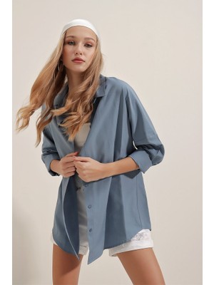 Runiquehome 3900 Oversize Uzun Basic Gömlek - Indigo