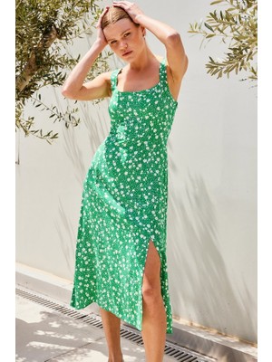 Runiquehome 2282 Yırtmaçlı Askılı Viskon Elbise - Yeşil