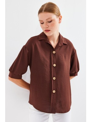 Runiquehome Kısa Kol Oversize Keten Gömlek 20240 - Kahverengi
