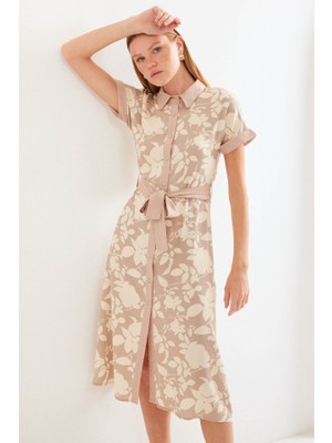 Runiquehome 2455 Desenli Gömlek Elbise - Bej