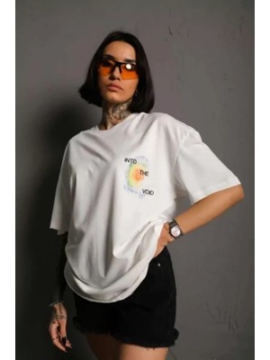 Runiquehome Unisex Bisiklet Yaka Baskılı Oversize T-Shirt - Beyaz
