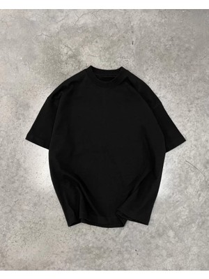 Runiquehome Unisex Basic Bisiklet Yaka Oversize T-Shirt - Siyah