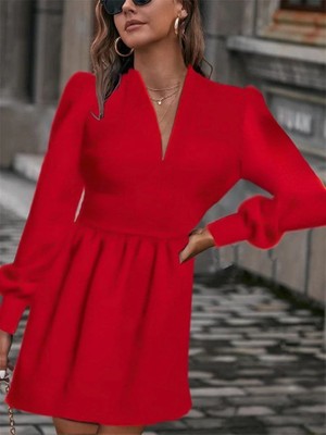 Runiquehome Kadın Uzun Kollu V Yaka Belden Hafif Pileli Scuba Krep Mini Boy Elbise
